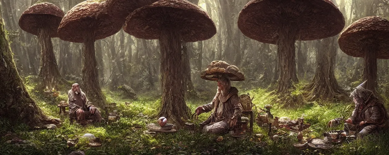 Image similar to an old wizard sitting under a mushroom tree casting a spell, D&D, fantasy, intricate, cinematic lighting, highly detailed, digital painting, artstation, concept art, smooth, sharp focus, illustration, art by Terry Moore and Greg Rutkowski