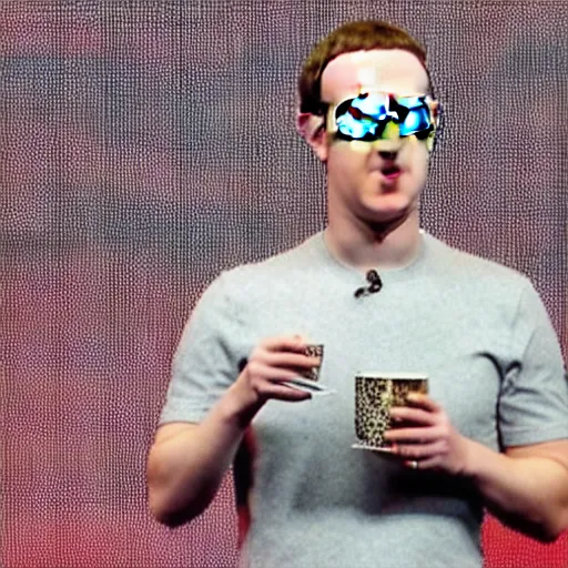 Image similar to mark zuckerberg drinking chinese tea with a banner in the background privacy please