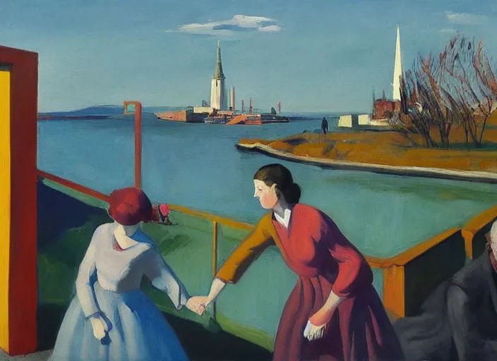 Image similar to painting, young lovers holding hands walking by river, she's wearing rags and feathers from salvation army counters, and the sun pours down like honey on our lady of the harbor church in montreal, by paula rego, by neo rauch, by edward hopper