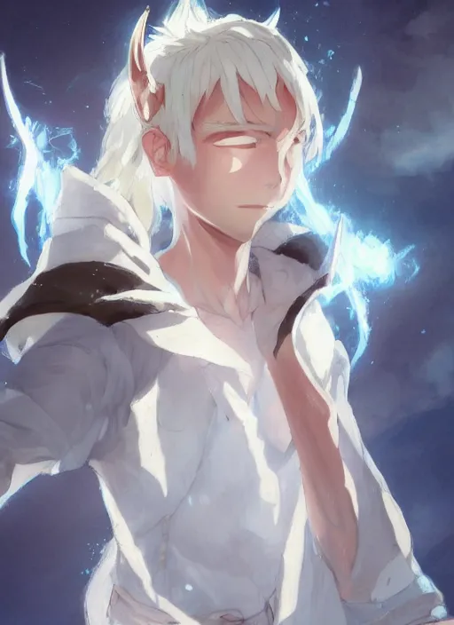 Prompt: concept art painting of a person with brown skin and short white hair, demon horns, white freckles, full clothing, blue clothes, blue robes, detailed, cel shaded, in the style of ruan jia and artgerm and makoto shinkai and james gurney