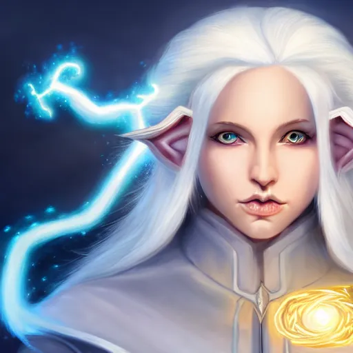 Image similar to Beautiful white haired aged fair skinned scholar elf with spell scroll and lightning background, full body, symmetrical, realism, digital painting, detailed artwork, portrait, mythical, artstation