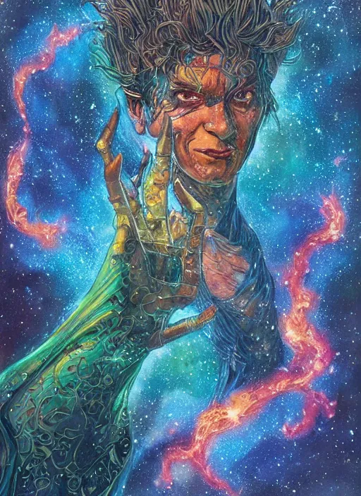 Image similar to high intricate colored ink drawing of the sandman holding a glimmering fire - galaxy, full shot, neil gaiman, maria panfilova, andrea savchenko, mike kime, ludovic plouffe, qi sheng luo, oliver cook, julian calle, eddie mendoza, trending on artstation