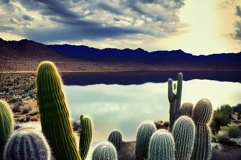 Image similar to beautiful landscape photography of an Arizona desert, dramatic lighting, cactus, lake, nighttime, moon,