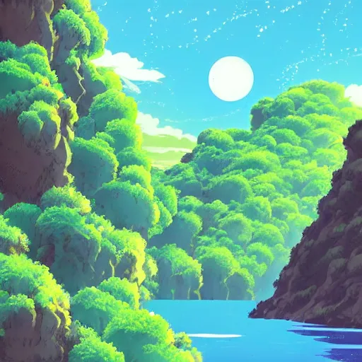 Image similar to illustration of a lush natural scene on an alien planet by studio ghibli. beautiful landscape. weird vegetation. cliffs and water.