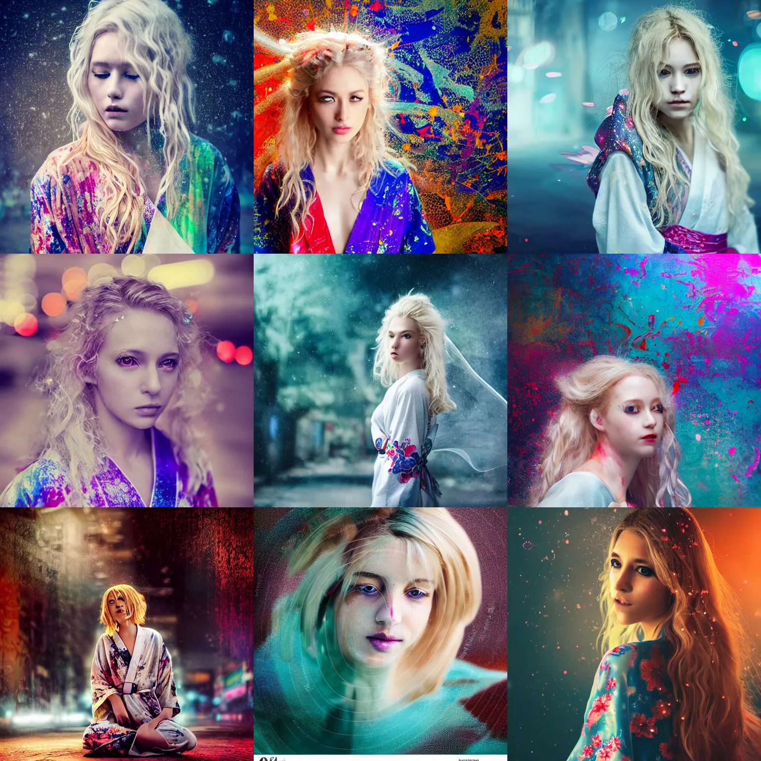 Prompt: stunning, breathtaking, awe - inspiring award - winning portrait of an attractive white faerie with wavy blonde hair, wearing a colorful yukata in an abandoned city at night, extremely moody lighting, intricate, soft focus, splatter painting 8 k