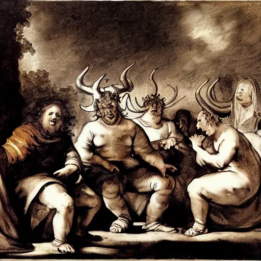 Image similar to A crowd of peasants and a pale woman sitting around a monster with horns, Francisco Goya style, high detailed faces, full hd, dark