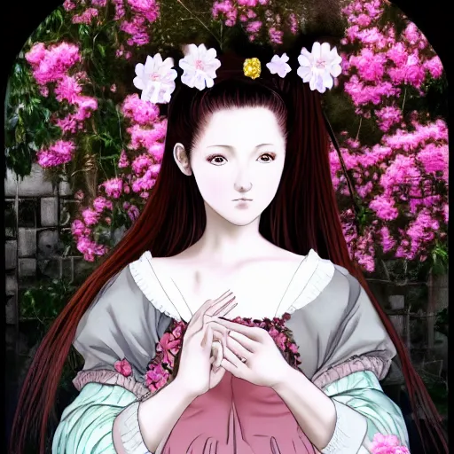 Image similar to renaissance, manga portrait of a young lady pink cheeks wearing renaissance harajuku dress pale grey and white flowers, background chaotic flowers