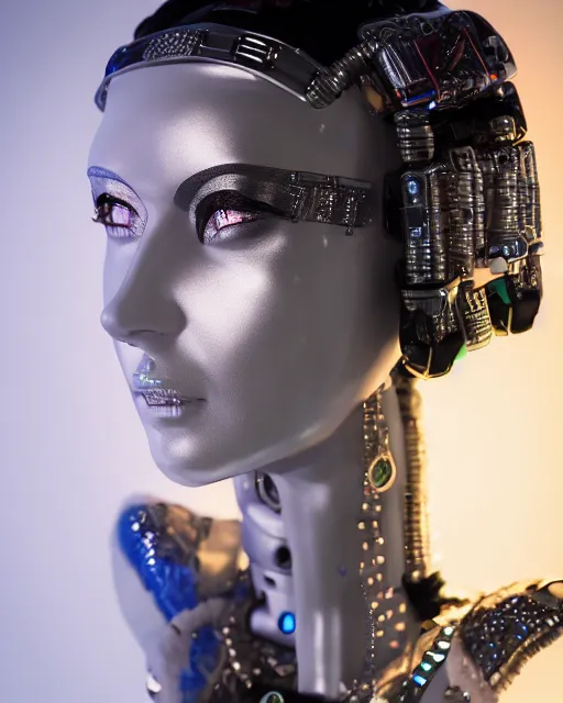 Prompt: 3 / 4 portrait photo of belly dancer as a cyberpunk humanoid robotic head shoulder parts with straight bright led lights, inside white room, ultra - realistic and detailed, 8 k