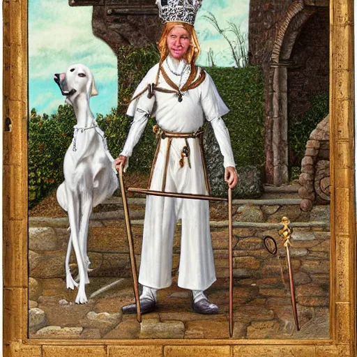 Prompt: Portrait of an anthropomorphic White Greyhound Monarch wearing a crown and holding a sceptre in a medieval blacksmiths. Very high quality. Drawn by James Christensen