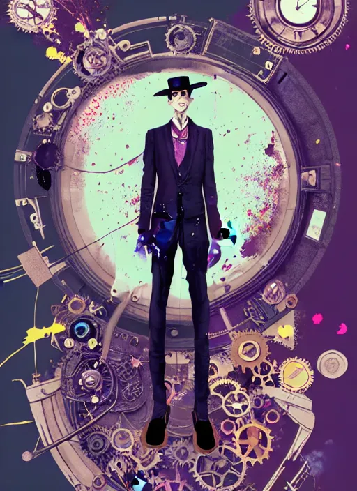 Image similar to arrogant elegant man travels through time via steampunk portals, pixiv fanbox, dramatic lighting, maximalist pastel color palette, splatter paint, pixar and disney exploded - view drawing, graphic novel by fiona staples and dustin nguyen, peter elson, alan bean, wangechi mutu, clean cel shaded vector art, trending on artstation