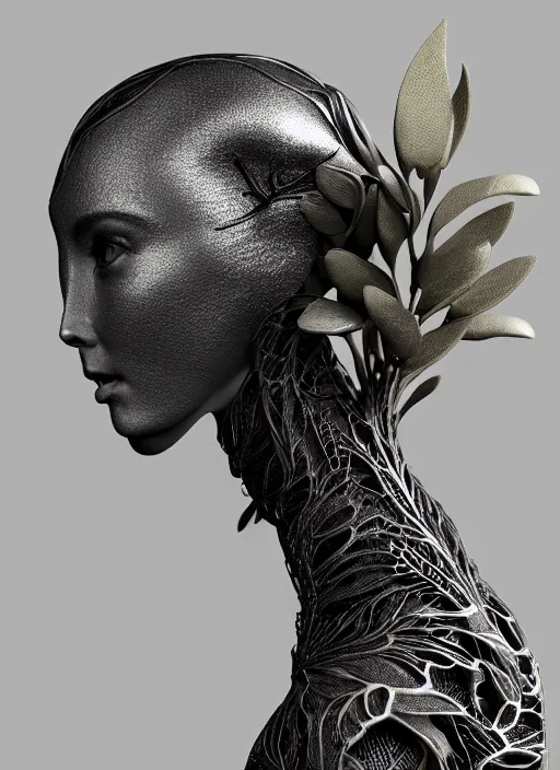 Image similar to bw close - up profile face, black background, beautiful porcelain vegetal dragon cyborg young female, 1 5 0 mm, beautiful natural soft rim light, silver gold details, magnolia leaves and stems, roots, fine lace, mandelbot fractal, elegant, ultra detailed, white metallic armour, octane render, h. r. giger style