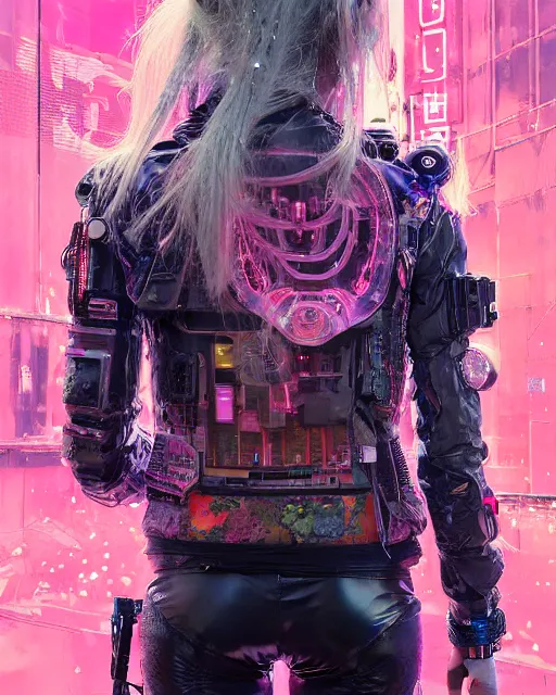 Image similar to detailed portrait neon guard girl with long straight blonde hair seen from the back, cyberpunk futuristic, reflective puffer jacket, black leggings, decorated with traditional ornaments in front of a dystopian crowd with piles of garbage by ismail inceoglu dragan bibin hans thoma, perfect face, fine details, realistic shaded, fine - face, pretty face by rossdraws