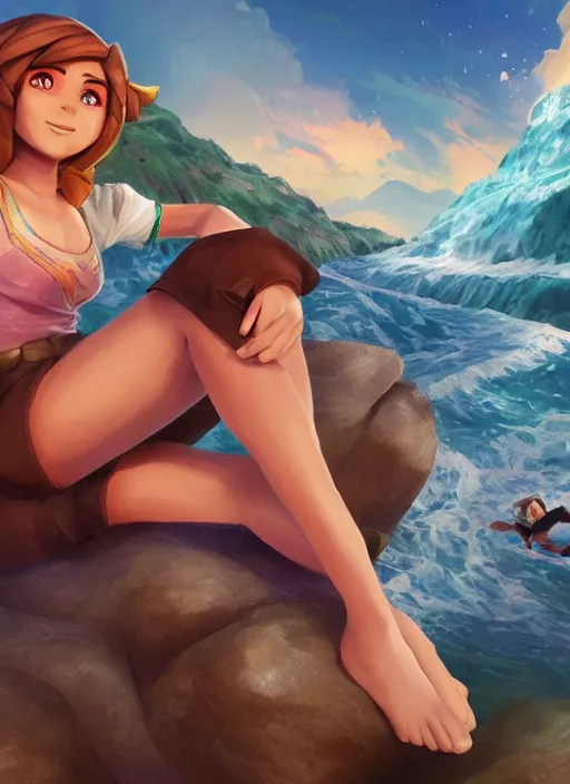 Image similar to youthful taliyah, from league of legends, au naturel, surfing a rock, with abs, hyper detailed, mountain background, digital art, trending in artstation, cinematic lighting, studio quality, smooth render, unreal engine 5 rendered, octane rendered, art style by klimt and nixeu and ian sprigger and wlop and krenz cushart