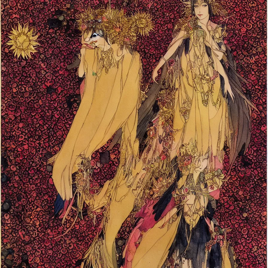 Image similar to watercolor, final fantasy character design, east-asian queen-goddess wearing a shiny golden sunflower crown and a divine black and brown dress, character portrait, angelic, shrouded in soft red smoke, harry clarke artwork