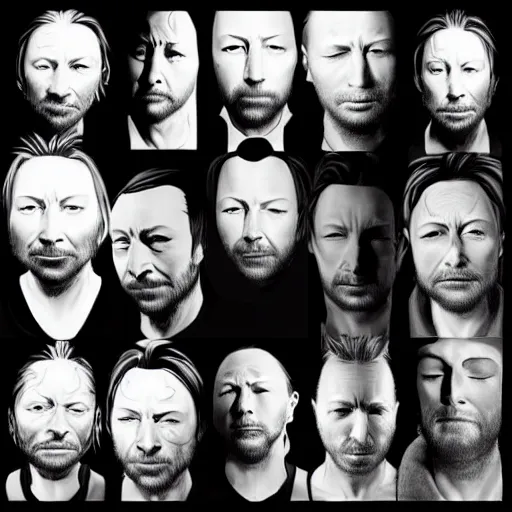 Prompt: versions collage, hyper realistic, many variations of thom yorke, very old, face variations, various emotions, various poses, high quality, brush stroke