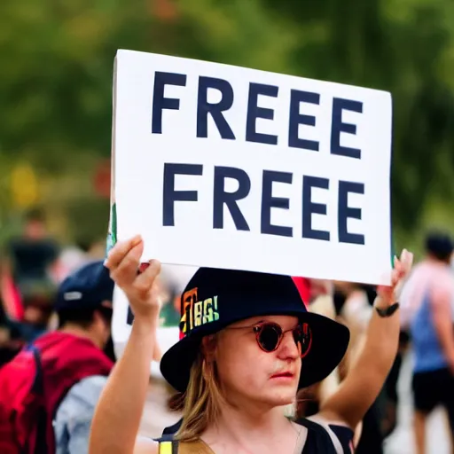 Prompt: protester holding a sign that says free hat