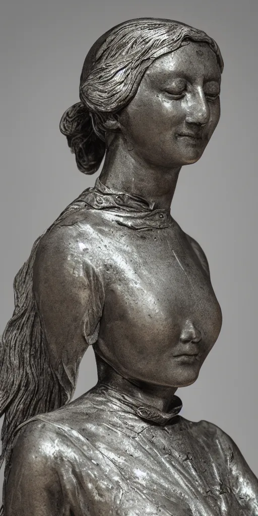 Image similar to detailed photo of old silver patina statue of most famous woman, full body portrait, various bending poses, photorealism, intricate detail, museum diffuse lighting