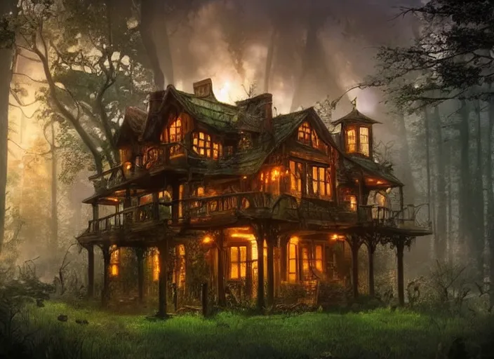 Prompt: house in a clearing in the middle of the forest, beautifully lit, steampunk, magic the gathering