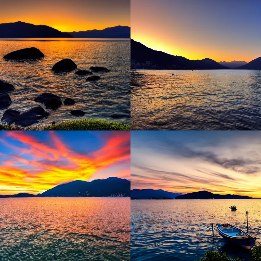 Prompt: sunset in Cannobio, lake view, landscape photography