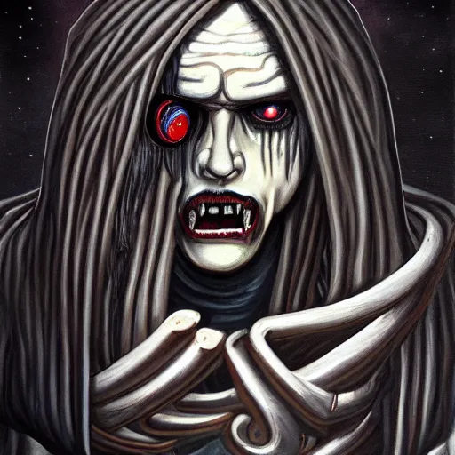 Image similar to beautiful painting of giant jeff the killer with a theatre embedded in its chest in the style of Welder Wings and H. R. Giger. Dark background, detailed, trending on Artstation