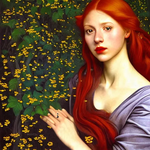 Image similar to a highly detailed portrait, red haired young woman, among golden fireflies, amid nature, long hair, green eyes, hint of freckles, round gentle face, cheeky smile with red lips, deep focus, elegant, digital painting, smooth, sharp, golden ratio, illustration, art by artemisia lomi gentileschi, caravaggio and artgerm
