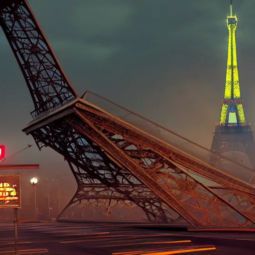Prompt: A beautiful intricate 8K award-winning ground-level cinematic movie photograph of the future rusting remains of Eiffel Tower, surrounded by neon and collapsing corporate video billboard displays. in the year 2050, by Bruno Delbonnel and greg rutkowski. octane render, Arri Alexa 65. Cinematic lighting