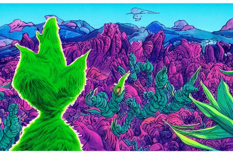 Prompt: vhs footage of a colorful alien world, with absurd looking mountains and terrain, green grass, and lots of weird alien plants, bright blue sky, wide angle view, dr seuss inspired