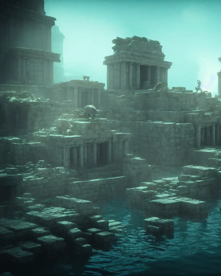 Image similar to full color, low wide shot of submerged pre - incan temple, underwater, statues, anime style mixed with fujifilm, dark, foggy, atmospheric, artstation, cgsociety, octane render, cgi, unreal engine 5, denoise, detailed, cinematic masterpiece