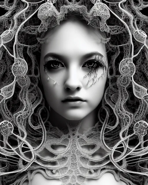 Image similar to surreal mythical dreamy artistic black and white fine art photo of a beautiful young female queen - medusa - cyborg covered with lace fish scales and translucent algae, highly detailed, intricate crystal ivy lace jelly fish scales ornate, poetic, octane render, 8 k, photo - realistic