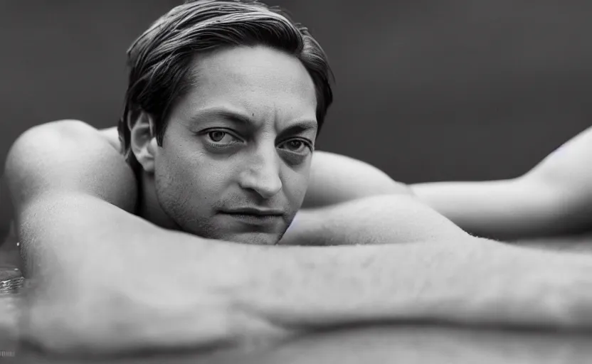 Image similar to photographic portrait by Annie Leibovitz of Tobey Maguire in a hot tub, closeup, foggy, sepia, moody, dream-like, sigma 85mm f/1.4, 15mm, 35mm, 4k, high resolution, 4k, 8k, hd, full color