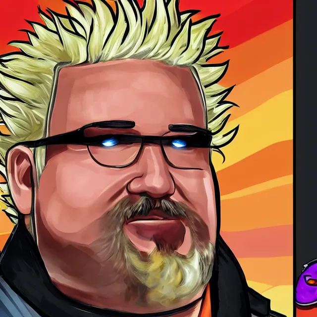 Image similar to guy fieri in gta vi : flavortown promotional art by stephen bliss