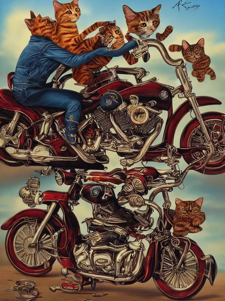 Prompt: a cat portrait riding Harley Davidson Mark Ryden and Alex Gross, Todd Schorr highly detailed