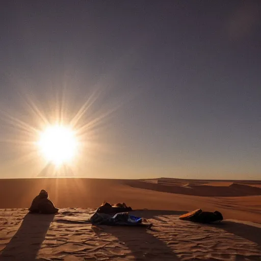 Image similar to a photo a Ghandi sleeping rough in the Sahara a sunrise, perfect lighting