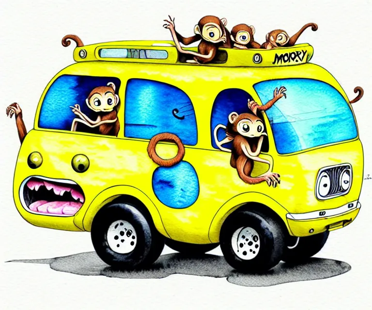 Prompt: cute and funny, monkey riding in a tiny banana boat bus, ratfink style by ed roth, centered award winning watercolor pen illustration, isometric illustration by chihiro iwasaki, edited by craola, tiny details by artgerm and watercolor girl, symmetrically isometrically centered