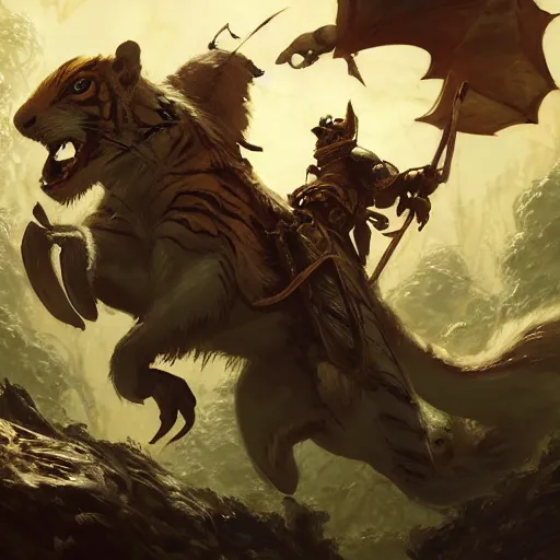 Image similar to Squirrel knight riding tiger, magic the gathering artwork, horror, D&D, fantasy, cinematic lighting, centered, symmetrical, highly detailed, digital painting, artstation, concept art, smooth, sharp focus, illustration, volumetric lighting, epic Composition, 8k, art by Akihiko Yoshida and Greg Rutkowski and Craig Mullins, oil painting, cgsociety