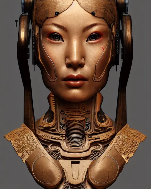 Image similar to portrait of a cyborg woman made of carved ancient chinese porcelain with gilding, wood burl, intricately detailed, elegant, photorealistic, artgerm, artstation