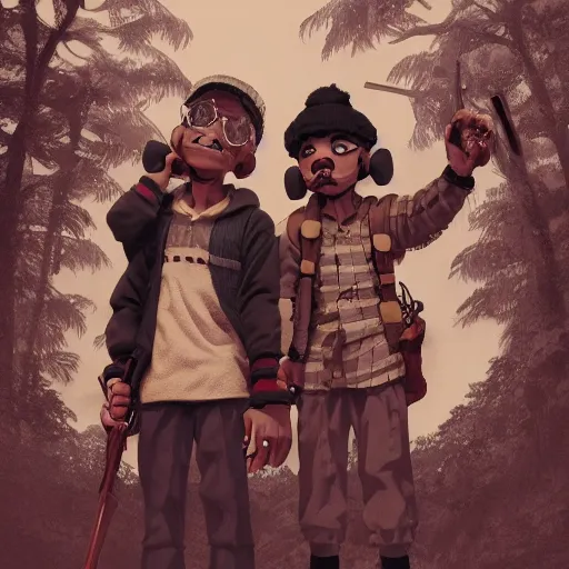 Image similar to rpg character concept art, twin brothers being cute and gangsta, intricate detail, in the style of jamie hewlett kawase hasui riyoko ikeda, 3 d render, artstation trending, 8 k, octane render, photorealistic, sharp detail, manga, black and white