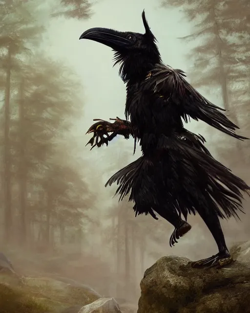 Image similar to oil painting of a Anthropomorphized bear shaman transforming into a raven, sharp focus, heroic pose, fantasy style, octane render, volumetric lighting, 8k high definition, by greg rutkowski, highly detailed, trending on art Station, magic the gathering artwork, Woodland background, centered