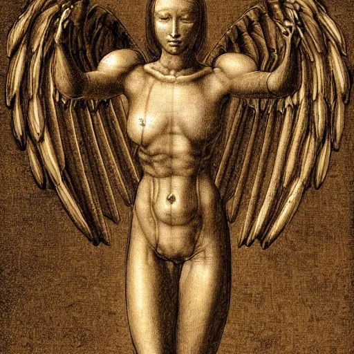 Prompt: anatomic illustration of cybernetic angel on sepia paper, by Leonardo da Vinci