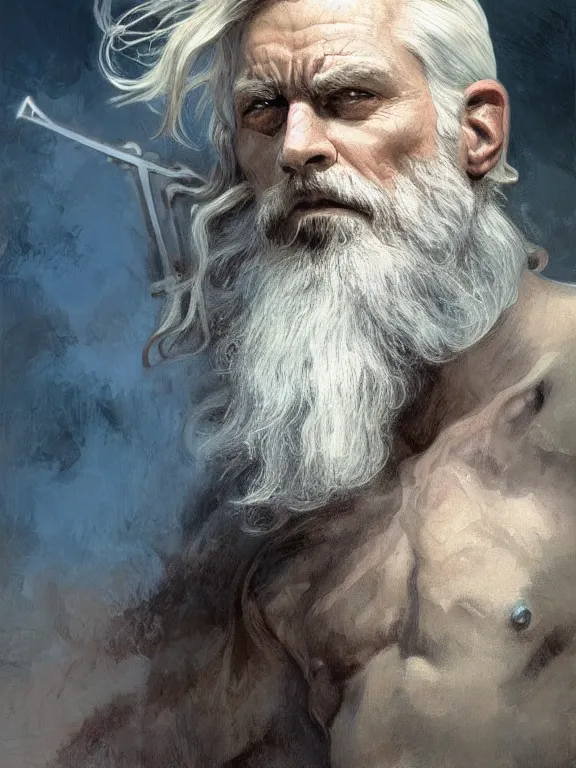 Image similar to painted portrait of rugged odin, god of death, norse god, white hair, masculine, mature, handsome, upper body, blue and silver, muscular, hairy torso, fantasy, intricate, muscular, elegant, highly detailed, digital painting, artstation, concept art, smooth, sharp focus, illustration, art by gaston bussiere and alphonse mucha