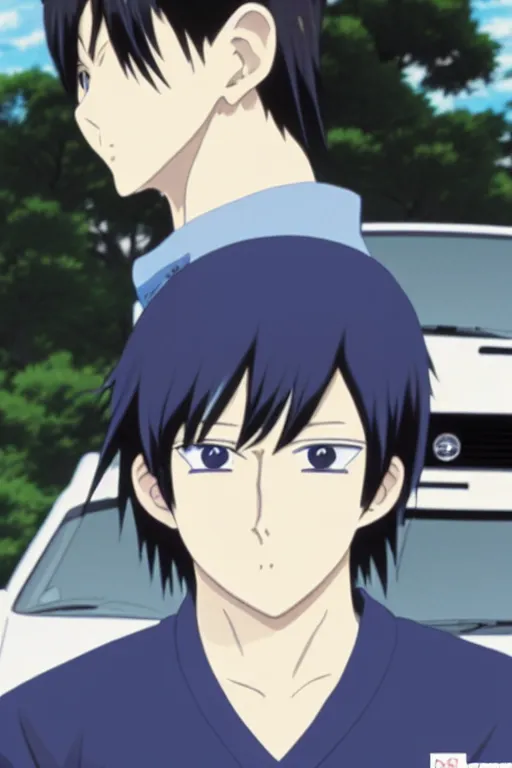 Image similar to very serious ryosuke takahashi with black hair wearing a dark blue shirt and white pants eating a cheeseburger stands leaning on his white mazda rx 7, initial d anime screenshot, initial d anime 1 0 8 0 p, detailed anime face, high detail, 9 0 s anime aesthetic