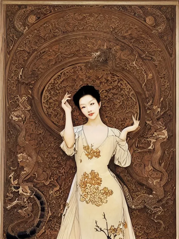 Image similar to an art nouveau painting of a pretty young zhang ziyi, dressed in a traditional, modest chinese intricately embroidered silk gown with a high collar, in front of a carved screen showing a tiger and a dragon, intricate, detailed, smooth, complex, elaborate, by alphonse mucha and james gurney and john william waterhouse