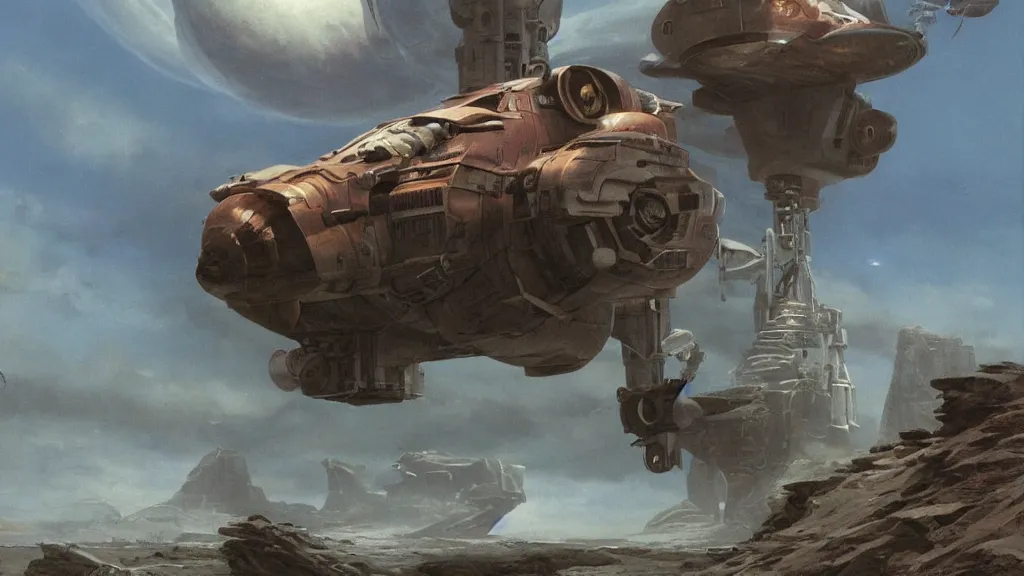 Image similar to small organic dropship lander by john schoenherr and jim burns, epic cinematic matte painting