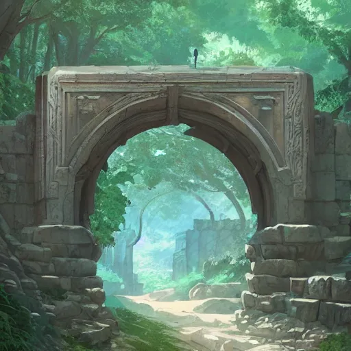 Image similar to concept art painting of an ornate ancient stone archway, in the woods, realistic, detailed, cel shaded, in the style of makoto shinkai and greg rutkowski and james gurney