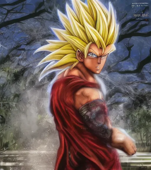 Image similar to award winning 5 5 mm close up portrait color photo of super saiyan trump, in a park by luis royo. soft light. sony a 7 r iv