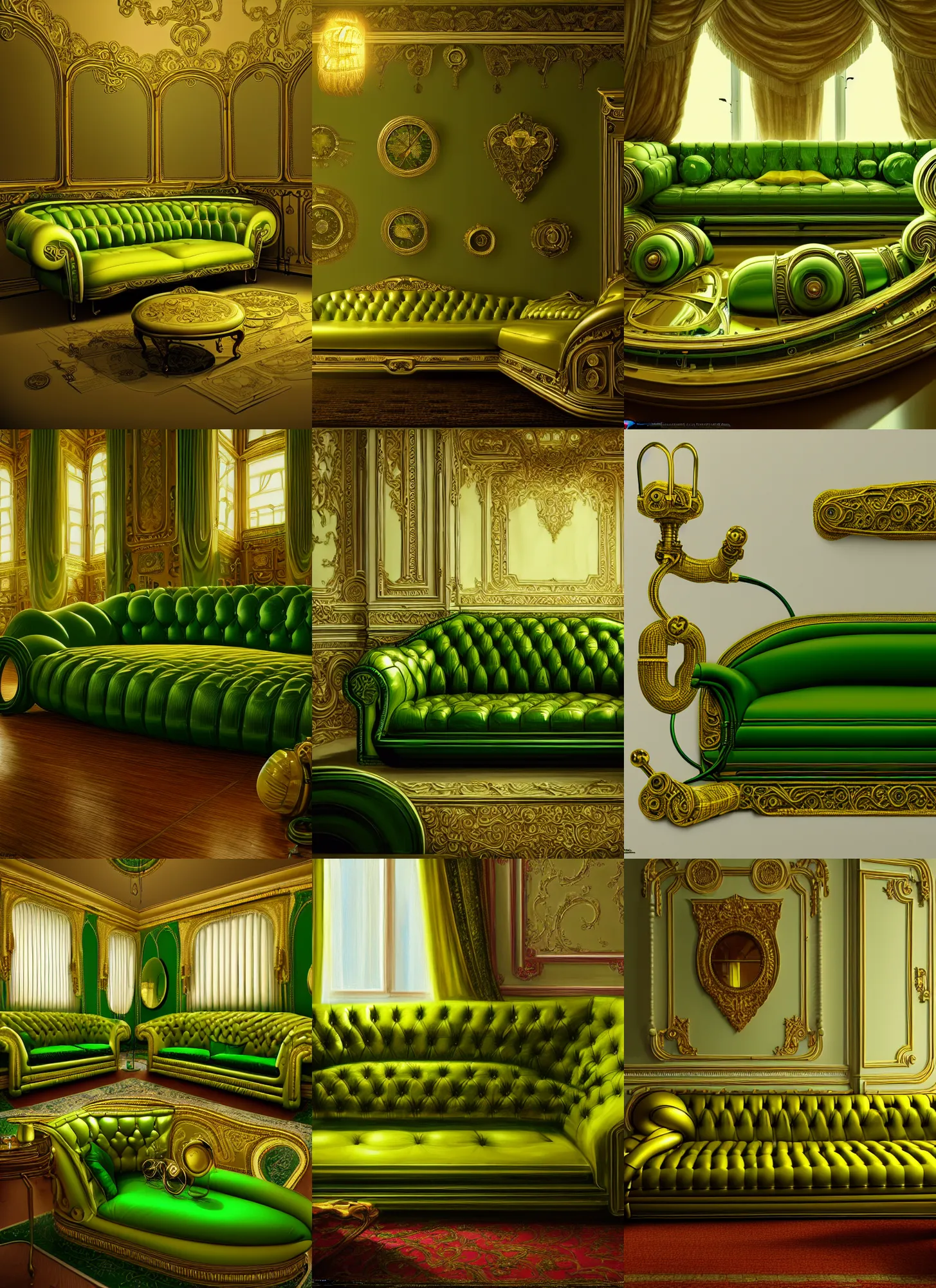 Prompt: classical interior, green golden sofa, inflateble shapes, wires, tubes, veins, white mechanical details, masterpiece, intricate, highly detailed, vogue, artstation, concept art