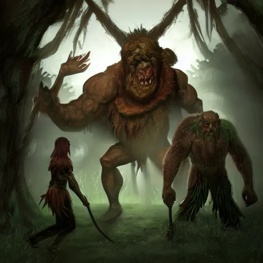 Image similar to a giant ettin with two heads from dnd in a dark forest, digital art, high quality render, artstation