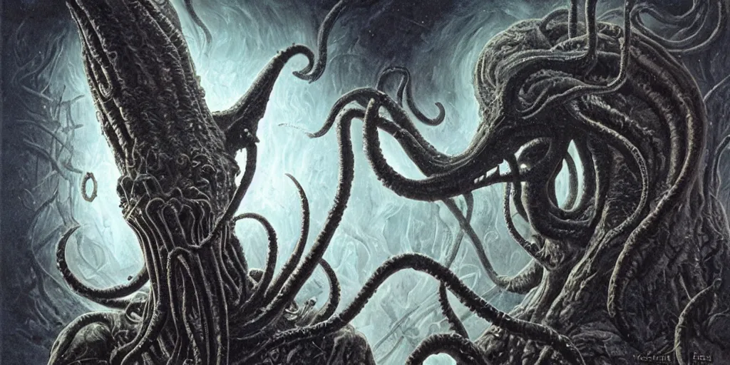 Prompt: elder god nyarlathotep lovecraftian h. p, terror, art by paulc carrick, dave carson, john coulthart, lee brown coye, h. r giger, stephen hickman, 8 k, hd, illumination, lighting, raytracting, dark, lovecraft, arkham, grotesque