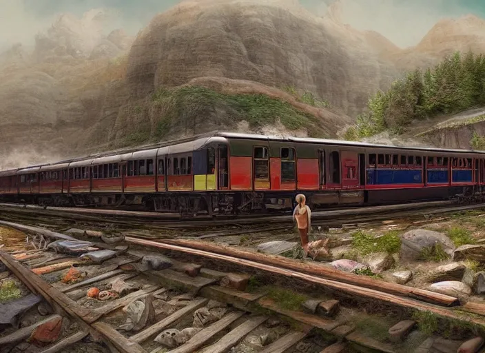 Prompt: 🚃🚇🚂🚊, lowbrow, matte painting, 3 - d highly detailed, in the style of,