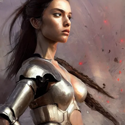 Image similar to a professional painting of a beautiful young female, partially clothed in battle armor, olive skin, long dark hair, beautiful bone structure, upper body, symmetrical facial features, intricate, elegant, digital painting, concept art, smooth, sharp focus, illustration, from Metal Gear, by Ruan Jia and Mandy Jurgens and Greg Rutkowski and Artgerm and William-Adolphe Bouguerea and artgerm-n 9